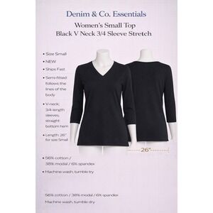 Denim & Co Essentials Womens‎ Small Top Black  3/4 Sleeve Stretch Cotton Tee